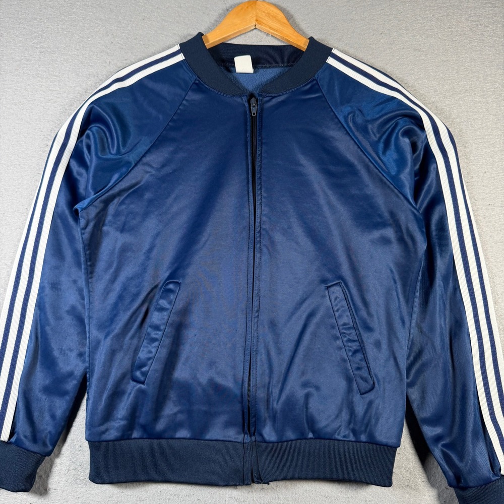 Vintage Mens Blue Track Jacket White Stripes Zip Athletic Casual M Made in USA
